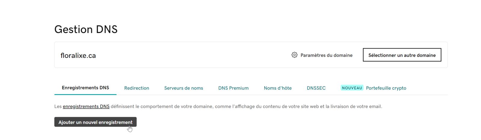 Exemple chez GoDaddy : Ajouter un nouvel enregistrement