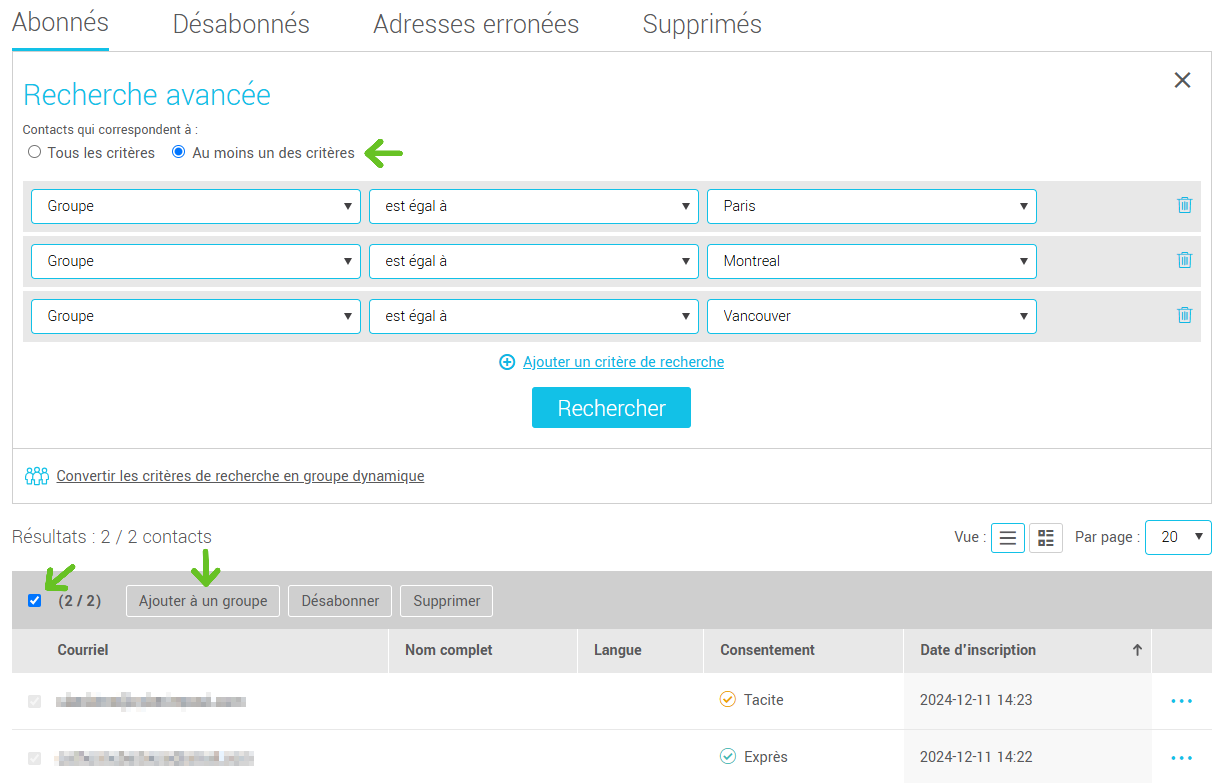 fusionner des groupes par la recherche avancée